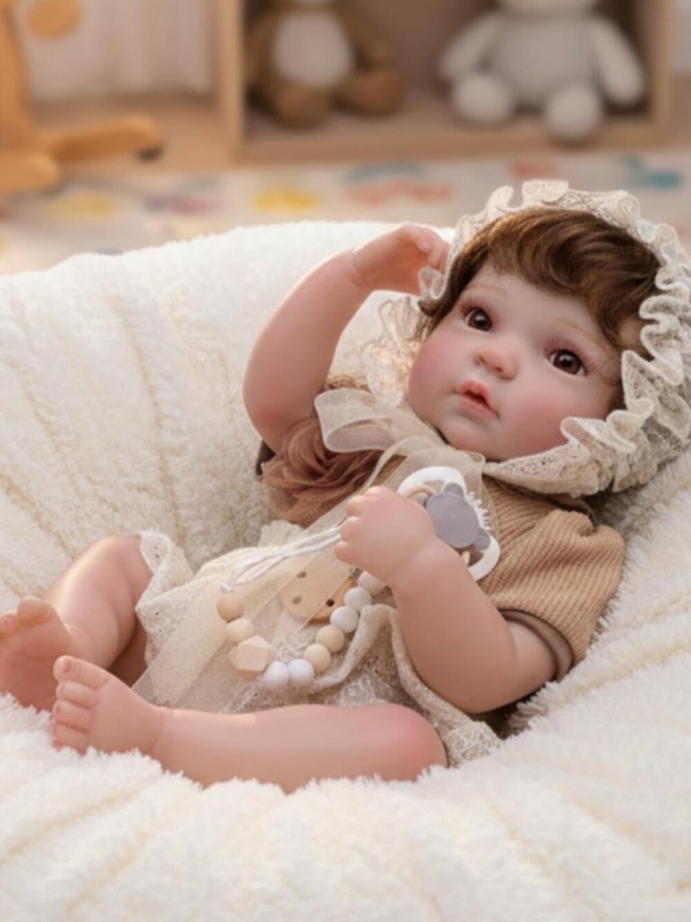 Cloveray 20in Full Vinyl Rooted Hair Baby Doll Brown Bonnet
